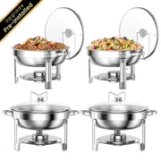 TINANA YH-CDBS-4 Chafing Dish Buffet Set, 4 Pack, 5QT Stainless Steel Round Food Warmers with Glass Lid and Lid Holder, Silver