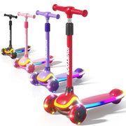JoyStone 3 Wheel Kick Scooter for Kids with LED Light Wheels, Music, Lean-to-Steer Technology, Adjustable Handlebars, Extra-Wide Rear Brake, Red