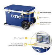 RTIC 52 QT Wheeled Hard-Sided Ice Chest Cooler, Ultra-Light Polypropylene, 78 Can Capacity, Cobalt White, 29450