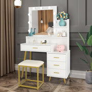 Ktaxon Vanity Table Set with Lighted Mirror for Girls, Women, White - Particleboard and Metal