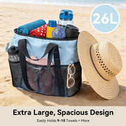 Pasman Large Beach Bag with Zipper, 8 Sandproof Mesh Pockets, Foldable Lightweight Tote for Women, 15x7x15 in