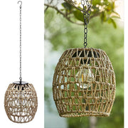 Feipeng Hanging Outdoor Solar Lantern, Waterproof Natural Bamboo and Seaweed Rattan Pendant Light with Edison Bulb, Solar Chandelier for Garden Porch Patio