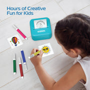 Kiddos Sticker Maker Machine, Ink-Free Thermal Printing, Portable Rechargeable DIY Craft Kit with Markers, Sticker Rolls, USB-C Cable for Kids 8+