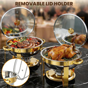 CATGOOD 4 Pack Chafing Dish Buffet Set, 6QT Stainless Steel Food Warmers with Tempered Glass Lids and Gold-Plated Stands, Round Buffet Servers for Parties and Catering, 25-4PK