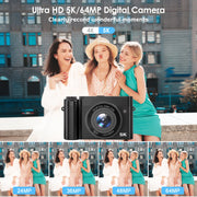 ACTITOP Digital Camera, 64MP Dual Lens, 5K UHD Video, 6X Optical Zoom, Wi-Fi Enabled, 2.8-Inch IPS Screen, Black