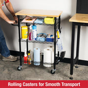 Rubbermaid 85031B 3-Tier Heavy Duty Black Rolling Utility Cart with Solid Wood Top, 300lb Capacity
