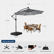 Patbrela HY21LSB 10ft Offset Patio Umbrella with Base, Cantilever Hanging Outdoor Umbrella with Solar Light Strips, Gray
