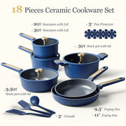 Carote A13768 18-Piece Ceramic Nonstick Cookware Set w/Utensils, Induction Compatible, Deep Blue