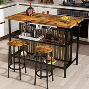 Mooseng 3-Piece Kitchen Island Set with Storage, Wooden Bar Table and 2 Walnut Stools, Industrial Modern Counter Height Dining Set