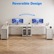Sofanext Reversible L Shaped Desk with Built-in Power Outlets, Four Drawers, Iron Hooks, Waterproof Wood and Iron Frame, Pure White, 53 in
