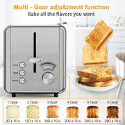 WHALL 2 Slice Toaster - Stainless Steel Toaster with Wide Slot, 6 Shade Settings, Bagel Function, Silver
