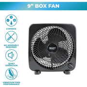 Comfort Zone 9-Inch Portable Box Fan, Black, 3-Speed Settings, Quiet Operation, Lightweight, CZ12396