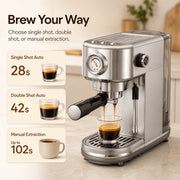 Amumu 20 Bar Espresso Machine with Steam Wand Milk Frother, Pressure Gauge, Compact Stainless Steel Coffee Maker, Silver, EM3111