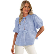 PRETTYGARDEN Women's Bow Front Top with Fashionable Puff Sleeves, Versatile Fit, Blue, Sizes M - Machine washable