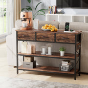 Valu4me Console Table with Power Outlets and USB Ports, Rustic Brown, 43.3 in, Narrow Sofa Table with 3 Fabric Drawers and 2 Open Shelves