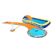 Banzai Aqua Drench 3-in-1 Splash Park with Curved Water Slide, Inflatable Pool, Built-in Sprinkler, Inflatable Bodyboard, Blue and Orange, 15 ft