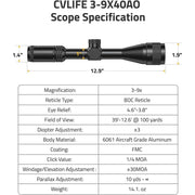 CVLIFE 3-9x40 AO Hunting Rifle Scope, BDC Reticle, Adjustable Parallax, Matte Black - Portable