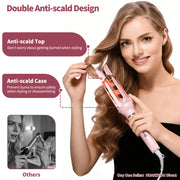 Huakeyou 3-in-1 Auto Rotating Curling Iron with Waver and Straightener Brush, Pink