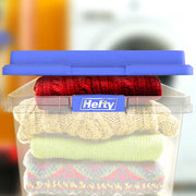 Hefty 72 Quart Clear Storage Bin with Blue HI-Rise Lid, Patented Stackable Design, Double-Rimmed Base, Large Click-Secure Latches