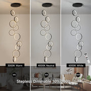 Garwarm 10 Rings Modern LED Chandelier, Dimmable Black Pendant Light, Adjustable Height 133.86 in, 3000-6500K