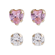 Brilliance Fine Jewelry Girls 14K Yellow Gold CZ Round and Heart Stud Earring Set, 2 Pairs