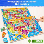 SYNARRY Large USA Map Wooden Puzzles for Kids Ages 3-8, FSC Certified Educational Jigsaw Puzzles