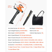 KFFKFF Electric Leaf Blower 3-in-1 Blower Vacuum Mulcher, 12 Amp Motor, 250 MPH, 400 CFM, Dual-Speed, Wheeled Base, 70L Collection Bag, BV-14EG-12A