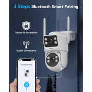 OOSSXX Dual Lens Security Camera Outdoor, 4MP HD, 360 PTZ and Fixed Dual-View, Dual-Band WiFi, IP65 Waterproof, White, 2-Pack