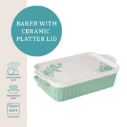 The Pioneer Woman Agatha Rectangular Stoneware Baker with Multifunctional Platter Lid, 9 x 13 in, Green Floral PWS519709304004