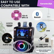 Karaoke USA GF946 Karaoke System, Bluetooth, 7-Inch TFT Color Screen, 35-Watt Speaker, LED Lights, Dual Microphones, HDMI Output, Black