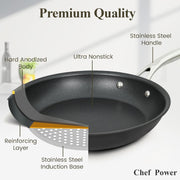 Chef Power Cookware Set, 4 Pieces, Hard Anodized Nonstick, Black, Stainless Steel Handles, Oven Safe, Dishwasher Safe