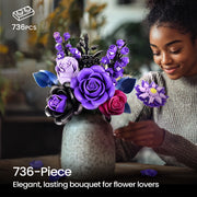 Iatom Flower Bouquet Building Set for Adults, Artificial Purple Flowers with Roses and Leaves, 736 Pieces