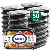 Kosbon Meal Prep Containers 50-Pack 32oz Plastic Food Storage Containers with Lids Black