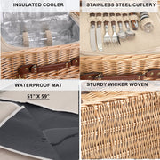 YANMUXIAN Multifunctional Wicker Picnic Basket Set for 2 with Insulated Interior, Detachable Pine Wood Table, Waterproof Blanket, Full 20-Piece Tableware, Natural
