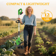 HUSGW 21V Cordless Tiller Cultivator, 9In Clearing Width, 6In Cutting Depth, 4 Steel Tines, Includes 2 4.0Ah Batteries and Charger
