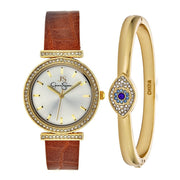 Jessica Simpson Ladies 34mm Gold Tone Crystal Accent Mother of Pearl Dial Watch and Crystal Encrusted Panther Bangle Set JWB0003GD