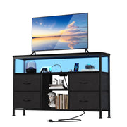 EDX 6-Drawer Fabric Dresser with Power Outlets and LED Light, TV stand for Bedroom, Living Room, Hallway, Black