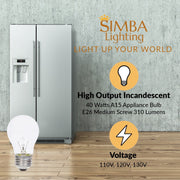 Simba Lighting Incandescent Appliance Light Bulb A15 40W E26 Medium Base 2700K Warm White 6-Pack