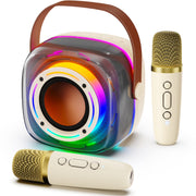 JYX D39-T Karaoke Machine with 2 Wireless Microphones, Portable Karaoke Speaker with Colorful LED Lights, Beige