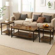 Dowellia 3-Piece Coffee Table Set, Rustic Brown Wood Tops, Black Metal Frame, Includes 1 Rectangular Coffee Table & 2 Square End Tables - Easy Assembly