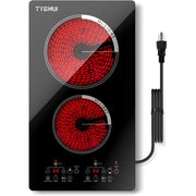 TYEMUI 12 Inch Electric Cooktop 2 Burners 110V Ceramic Hot Plate with Timer, Booster, Keep Warm, Child Lock