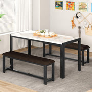 LTTROMAT Dining Table Set for 4, Faux Marble Kitchen Table Set with 2 PU Leather Benches, White - Space-Saving Design