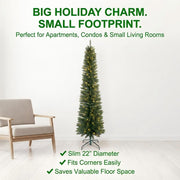 Fehomix 6FT Pre-Lit Pencil Artificial Christmas Tree with 150 Warm White LED Lights, 358 Green PVC Tips, Slim 22-Inch Diameter with Metal Stand for Small Spaces