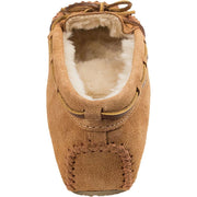 Minnetonka Cally Women's Slipper, Cinnamon Suede, Faux Fur Lined, Moccasin Toe, Leather Tie, Thin Rubber Outsole, Size 9