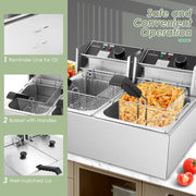 Tangme Commercial Deep Fryer, 3400W Electric, Dual 6.35QT Baskets, 0.8mm Thickened Stainless Steel, 20.7QT Capacity, Temperature Limiter, 82