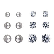 Brilliance Fine Jewelry Diamond and Ball Stud 6 Pair Earrings - Sterling Silver Simulated