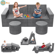 Minikid Kids Sofa Couch, Modular 13-Piece Playroom Set, Soft Gray Velvet, Multifunctional Toddler Couch with Over 30 Configurations