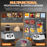 Sentryse 2-in-1 Blender Grinder Combo, 1800W Motor, 68oz Pitcher, 20oz Grinder Cup, Stainless Steel Blades, Adjustable Speed Control, Silver