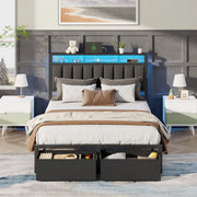 Satifur Full Bed Frame with 2 Storage Drawers, Multifunctional Headboard, RGB LED Lighting, Built-In USB Ports and Outlets, Metal Platform Bed, No Box Spring Needed