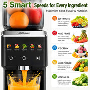 LifeImpree Masticating Juicer Machine, Touchscreen Cold Press, 5.4 in Wide Feed Chute, 5 Smart Modes, Stainless Steel Housing, Black, JS8303S